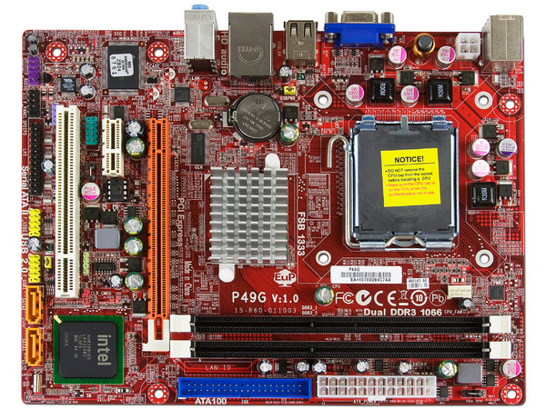 T. Madre PCCHIPS P49G (V1.0), ChipSet Intel G41,
Soporta: Intel Core 2 Quad, Core 2 Duo, Pentium Dual-core,
Memoria: DDR3 1333/1066 MHz, 4GB Max,
Integrado: Audio HD, Red 10/100, Video Intel GMA3100,
Diseño: MicroATX, Ptos: 1xPCEx16, 1xPCEx1, 1xPCI