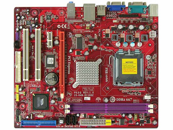 T. Madre PCCHIPS P53G (V1.0), ChipSet VIA P4M900CD,
Soporta: Cel.400, DualCore/Duo/Quad, 1066/800/533MHz,
Memoria: DDR2 667/533/400, 2 Bancos, 4GB Max,
Integrado: Audio 5.1, Red 10/100, Video Chrome9,
Diseño: MicroATX, Ptos: 1xPCEx16, 1xPCE, 2xPCI