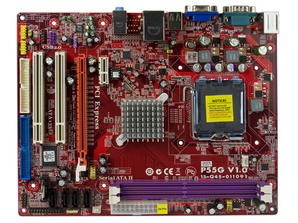 T. Madre PCCHIPS P55G (V1.0), ChipSet GeForce7050,
Soporta: Cel.400, DualCore/Duo/Quad, 1066/1333MHz,
Memoria: DDR2 667/800, 2 Bancos, 4GB Max,
Integrado: Audio HD, Red 10/100, Video GeForce7050,
Diseño: MicroATX, Ptos: 1xPCEx16, 1xPCE, 2xPCI