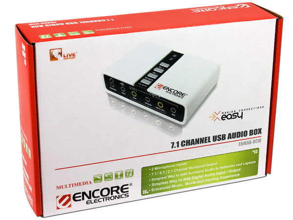 Audio Box Encore sistema de audio de 2.1, 5.1 y 7.1 canales, USB. Agrega Sonido Envolvente a tu Netbook y Laptop.