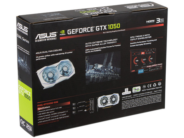 Tarjeta de Video NVIDIA ASUS GeForce GTX 1050 DUAL OC, 2GB GDDR5, 1xHDMI, 1xDVI, 1xDisplayPort, PCI Express x16 3.0