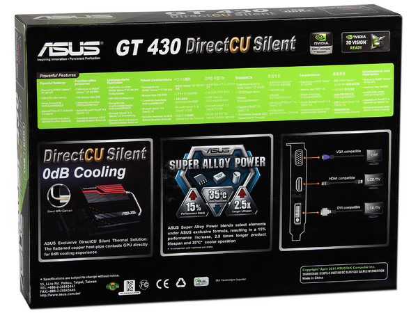 Tarjeta de Video Asus NVIDIA GeForce GT 430 DirectCU Silent, 1GB DDR3, HDMI, DVI, VGA. Puerto PCI Express 2.0 