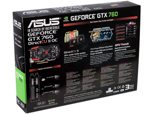 Tarjeta de Video ASUS NVIDIA GeForce GTX 760 DirectCU II OC edition, 2 GB GDDR5, DisplayPort, HDMI, DVI, Puerto PCI Express 3.0.