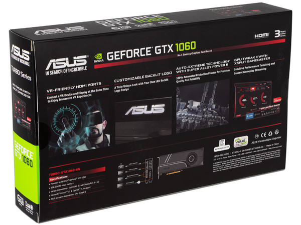 Tarjeta de Video NVIDIA GeForce GTX 1060 ASUS TURBO, 6GB GDDR5, 2xHDMI, 1xDVI, 2xDisplayPort, PCI Express x16 3.0