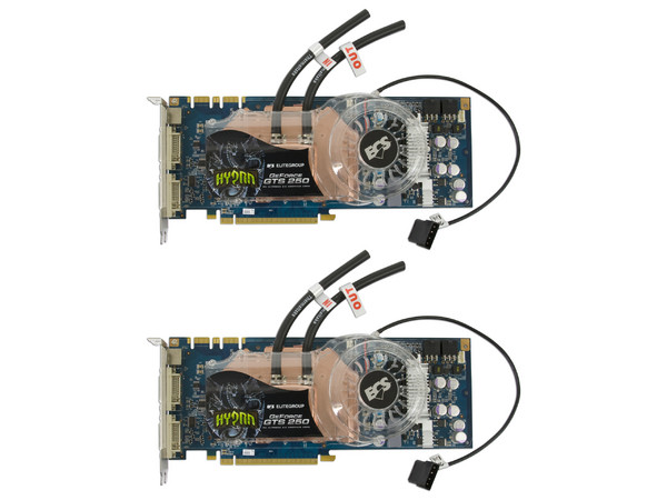 Kit ECS Hydra SLI de Dos GeForce GTS 250 de 512MB DDR3  y un Sistema de Refrigeración Líquida Thermaltake BigWater 760i. Incluye el juego Tom Clancy's Rainbow Six Vegas 2