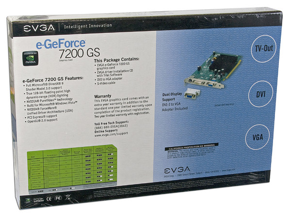 T. de Video EVGA GeForce 7200GS con 256MB soporta hasta 512MB, DVI y Salida a TV. Puerto PCI Express x 16