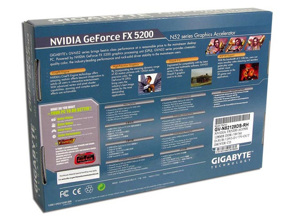 T. de Video GIGABYTE nVIDIA GeForce FX 5200 con 128MB, Salida a TV y AGP 8X.