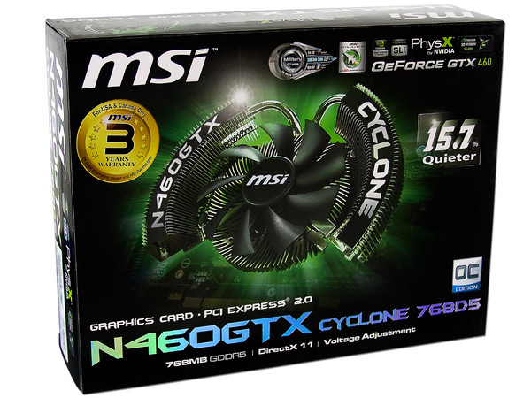 Tarjeta de Video MSI NVIDIA GeForce GTX 460 OC Edition Cyclone, 768MB DDR5. Puerto PCI Express 2.0