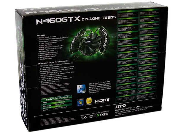 Tarjeta de Video MSI NVIDIA GeForce GTX 460 OC Edition Cyclone, 768MB DDR5. Puerto PCI Express 2.0