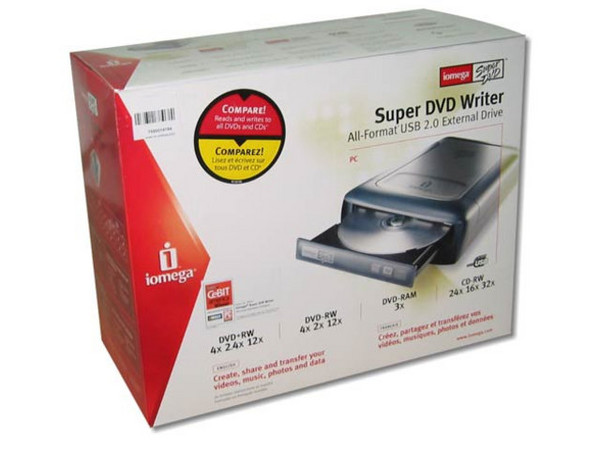 Quemador Externo DVD±R/±RW y de CDs, Marca Iomega, 
DVD-RW+: Graba/Regraba/Lee : 4x/2.4x/12x,
DVD-RW-: Graba/Regraba/Lee : 4x/2x/12x,
CD-RW: Graba/Regraba/Lee: 24x/16x/32x
