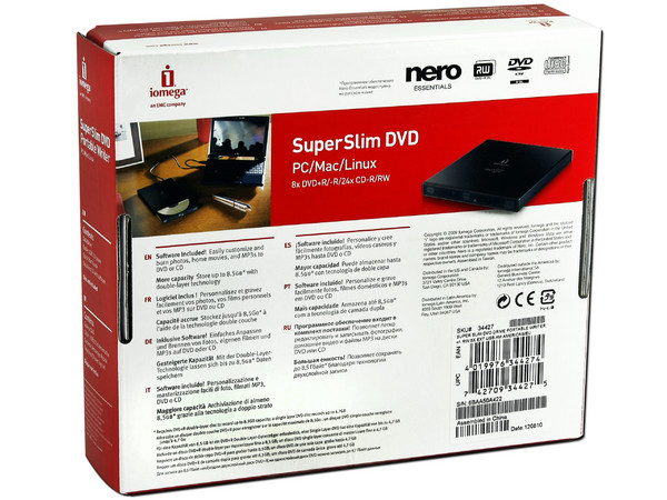 Quemador Iomega Externo SuperSlim USB 2.0:
no necesita cable de alimentación,
DVD+RW: Graba/Regraba/Lee: 8x/8x/8x,
DVD+R DL: Graba 6X, DVD-R DL: Graba 6X,
DVD-RW: Graba/Regraba/Lee: 8x/6x/8x,
CD-RW: Graba/Regraba/Lee: 24x/24x/24x.