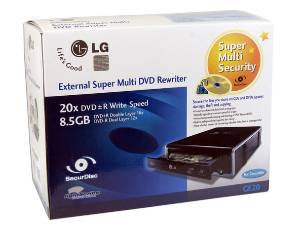 Quemador LG LightScribe, Color Negro, Externo:
DVD+RW: Graba/Regraba/Lee: 20x/8x/16x,
DVD+R DL: Graba 16X, DVD-R DL: Graba 16X,
DVD-RW: Graba/Regraba/Lee: 20x/6x/16x,
CD-RW: Graba/Regraba/Lee: 48x/32x/40x. USB 2.0