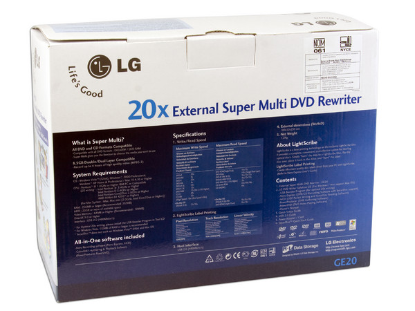 Quemador LG LightScribe, Color Negro, Externo:
DVD+RW: Graba/Regraba/Lee: 20x/8x/16x,
DVD+R DL: Graba 16X, DVD-R DL: Graba 16X,
DVD-RW: Graba/Regraba/Lee: 20x/6x/16x,
CD-RW: Graba/Regraba/Lee: 48x/32x/40x. USB 2.0