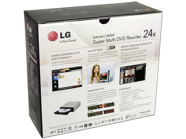 Quemador LG, Serial ATA:
DVD+RW: Graba/Regraba/Lee: 24x/8x/16x,
DVD+R DL: 12x, DVD-R DL: 12x, DVD-RAM: 12x,
DVD-RW: Graba/Regraba/Lee: 24x/6x/16x,
CD-RW: Graba/Regraba/Lee: 48x/32x/48x