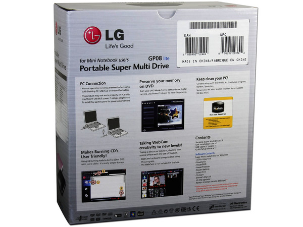 Quemador LG Externo Slim USB 2.0, Negro:
no necesita cable de alimentación,
DVD+RW: Graba/Regraba/Lee: 8x/8x/8x,
DVD+R DL: Graba 6X, DVD-R DL: Graba 6X,
DVD-RW: Graba/Regraba/Lee: 8x/6x/8x,
CD-RW: Graba/Regraba/Lee: 24x/24x/24x