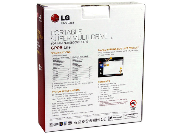 Quemador LG Externo Slim USB 2.0, Negro:
no necesita cable de alimentación,
DVD+RW: Graba/Regraba/Lee: 8x/8x/8x,
DVD+R DL: Graba 6X, DVD-R DL: Graba 6X,
DVD-RW: Graba/Regraba/Lee: 8x/6x/8x,
CD-RW: Graba/Regraba/Lee: 24x/24x/24x