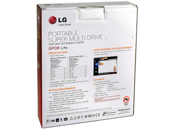 Quemador LG Externo Slim USB 2.0, Blanco:
no necesita cable de alimentación,
DVD+RW: Graba/Regraba/Lee: 8x/8x/8x,
DVD+R DL: Graba 6X, DVD-R DL: Graba 6X,
DVD-RW: Graba/Regraba/Lee: 8x/6x/8x,
CD-RW: Graba/Regraba/Lee: 24x/24x/24x