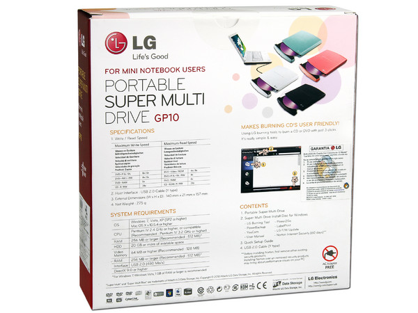 Quemador LG Externo Slim USB 2.0, Blanco:
no necesita cable de alimentación,
DVD+RW: Graba/Regraba/Lee: 8x/8x/8x,
DVD+R DL: Graba 8X, DVD-R DL: Graba 8X,
DVD-RW: Graba/Regraba/Lee: 8x/6x/8x,
CD-RW: Graba/Regraba/Lee: 24x/24x/24x