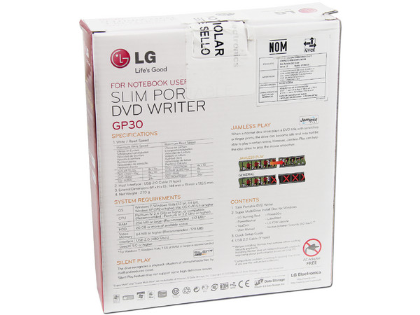 Quemador LG Externo Slim USB 2.0, Blanco:
no necesita cable de alimentación,
DVD+RW: Graba/Regraba/Lee: 8x/8x/8x,
DVD+R DL: Graba 6X, DVD-R DL: Graba 6X,
DVD-RW: Graba/Regraba/Lee: 8x/6x/8x,
CD-RW: Graba/Regraba/Lee: 24x/24x/24