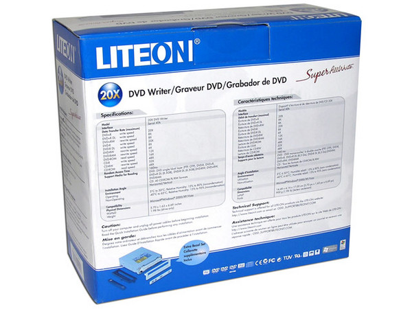Quemador Liteon, Color Negro y Beige Serial ATA:
DVD+RW: Graba/Regraba/Lee: 20x/8x/16x,
DVD+R DL: 8X, DVD-R DL: 8X, DVD-RAM: 12X,
DVD-RW: Graba/Regraba/Lee: 20x/6x/16x,
CD-RW: Graba/Regraba/Lee: 48x/32x/48x