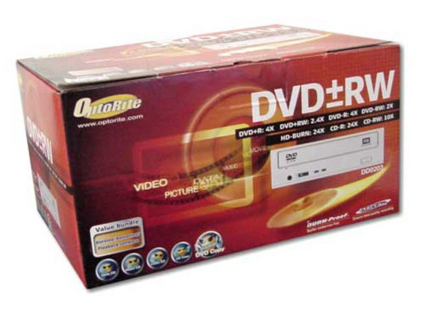 Quemador de DVD OptoRite DVD-R: 4X, DVD-RW: 2.4x, CD-R: 24x, CD-RW: 10x. 8Mb en Buffer