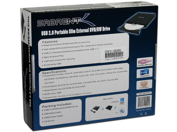 Quemador Sabrent Externo Slim USB 2.0:
no necesita cable de alimentación,
DVD+RW: Graba/Regraba/Lee: 8x/4x/8x,
CD-RW: Graba/Regraba/Lee: 24x/16x/24x.