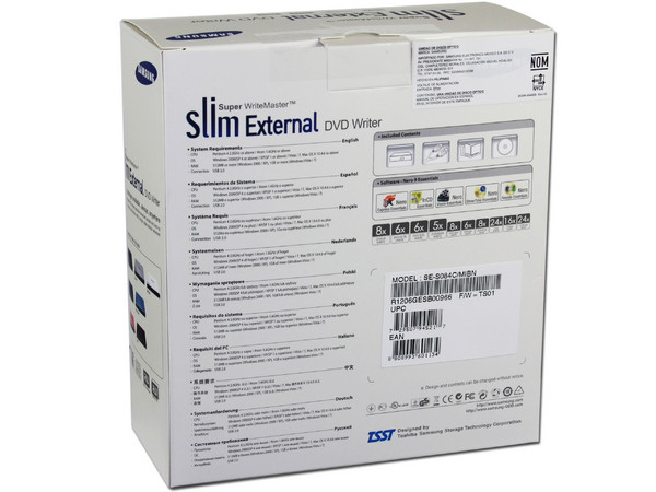 Quemador Samsung Externo Slim USB 2.0:
no necesita cable de alimentación,
DVD+RW: Graba/Regraba/Lee: 8x/8x/8x,
DVD+R DL: Graba 6X, DVD-R DL: Graba 6X,
DVD-RW: Graba/Regraba/Lee: 8x/6x/8x,
CD-RW: Graba/Regraba/Lee: 24x/16x/24x.