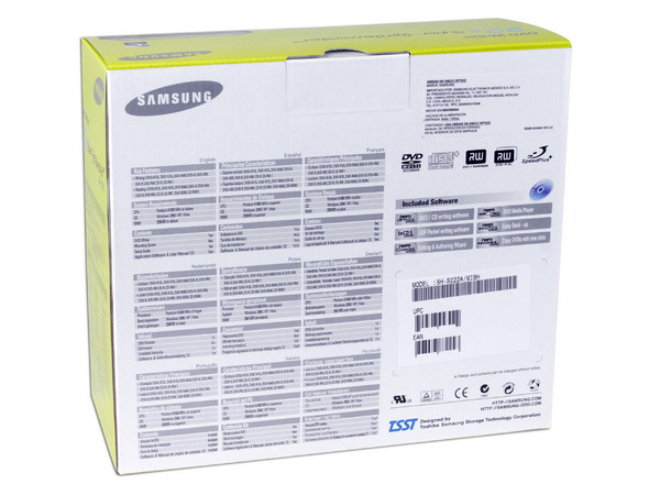 Quemador Samsung, Multiformato Color Negro:
DVD+RW: Graba/Regraba/Lee: 22x/8x/16x,
DVD+R DL: 16x, DVD-R DL: 12x, DVD-RAM: 12x,
DVD-RW: Graba/Regraba/Lee: 22x/6x/16x,
CD-RW: Graba/Regraba/Lee: 48x/32x/48x