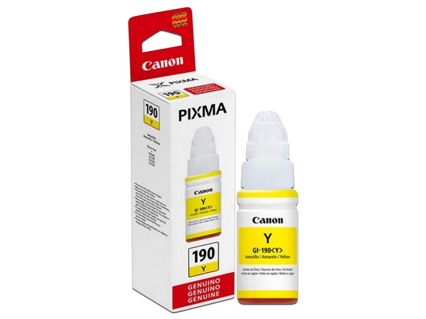 Botella de Tinta Canon GI-190 Y (0670C001AB): Color amarillo, compatible con impresoras PIXMA G1100, G2100 y G3100