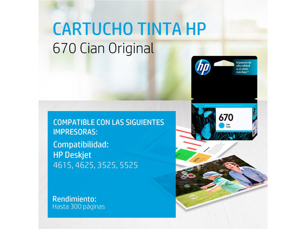 Cartucho de tinta HP 670 Cian Original (CZ114AL).