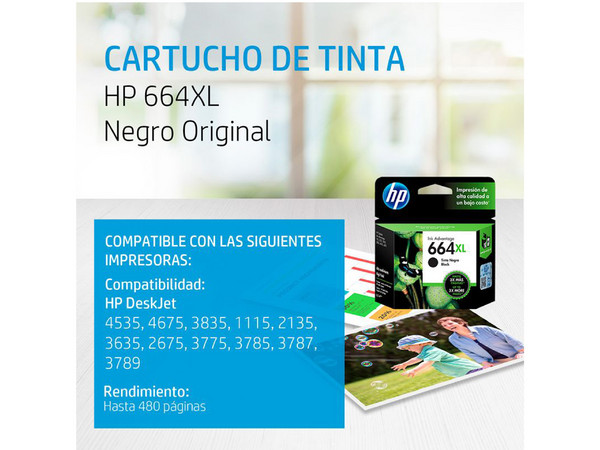 Cartucho de tinta HP 664XL, Color negro Original (F6V31AL).