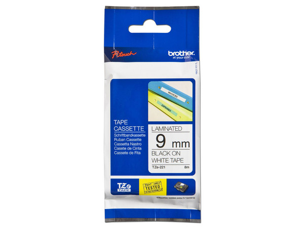 Cinta laminada Brother TZE221, negro sobre blanco, para impresora PT-300,3108,330,530.