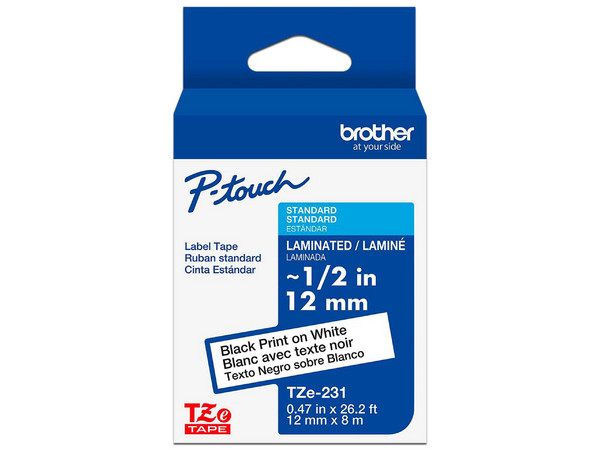Cinta Laminada Brother TZE231G, Texto negro sobre cinta blanca, Tamaño de 12mm x 8m.