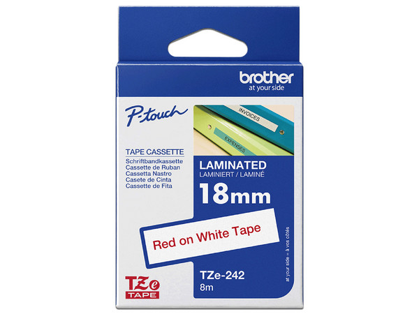 Cinta Laminada Brother TZE242G, Texto Rojo sobre cinta blanca, Tamaño de 18mm x 8m.