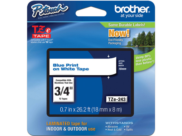 Cinta de impresión Laminada Brother, Azul sobre Blanco, Modelo: TZE243.