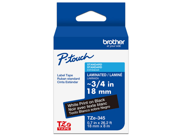 Cinta Laminada Brother Estandar Texto blanco sobre cinta negra de 18mm x 8m.