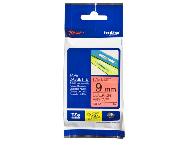 Cinta Laminada Brother TZE421G, 9 mm x 8 m, Texto Negro Sobre Cinta Roja, Material Laminado.