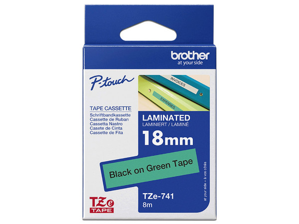 Cinta Rotulador Brother TZE741G, Laminada de 18 mm, Poliéster Texto Negro sobre Verde.