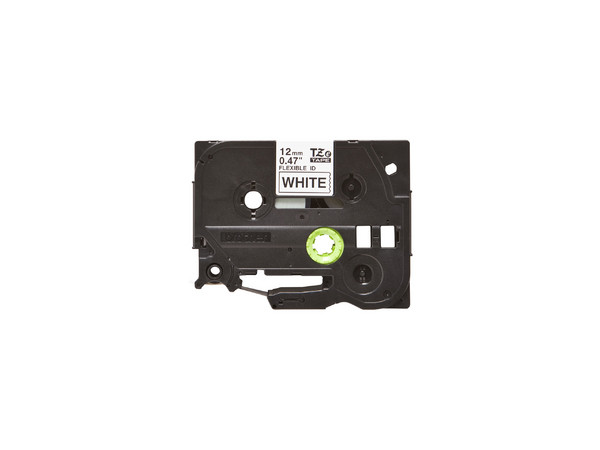 Cinta Brother, TZEFX231G Flexible 12mm x 8m, Texto Negro sobre Fondo Blanco.
