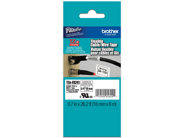 Cinta Laminada Brother, Negro sobre Blanco, Modelo: TZEFX241.