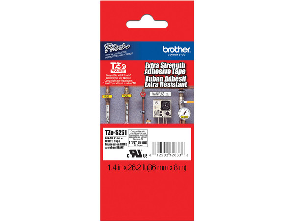 Cinta laminada superadhesiva Brother Negro sobre Blanco, Modelo TZES261