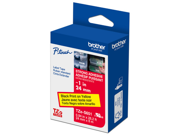 Cinta Brother Extra Adhesivo, 24mm×8m, Amarilla, Texto Negro, Modelo TZES651G.