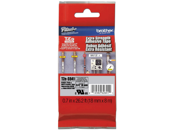 Cinta de impresión Brother Extra Resistente, Negro sobre Plata, Modelo: TZES941.