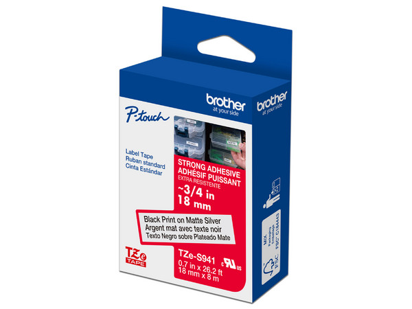 Cinta Laminada Brother con Extra Adhesivo, Texto Negro sobre Cinta Plata Mate, 18 mm x 8 m.