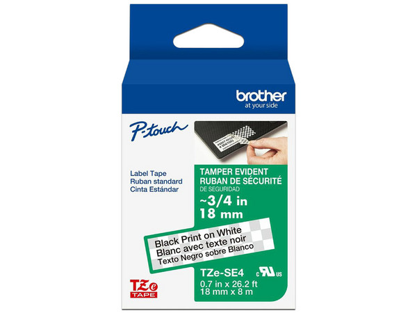 Cinta Laminada Brother TZESE4G, Texto Begro sobre Cinta Blanca, Tamaño de 18mm x 8m.