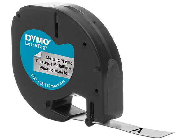 Cinta Etiquetadora Dymo 91338, Metálica, 12.7 mm x 3.96 m, Negro sobre Gris, Compatible con Impresoras Dymo, Formato Estándar.