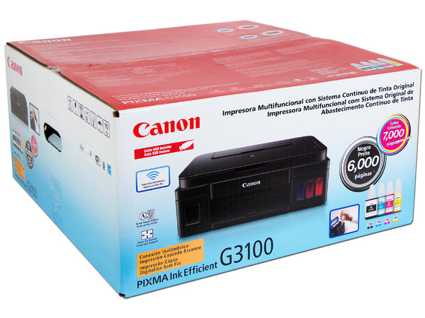 Multifuncional Canon PIXMA G3100, resolución hasta 4800 x 1200 dpi, sistema de tanque de tinta, USB, Wi-Fi.