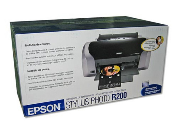 Impresora Epson Stylus Photo R200, 5760 x 1440 dpi, 6 Tintas, impresión directa sobre CDs y DVDs imprimibles.