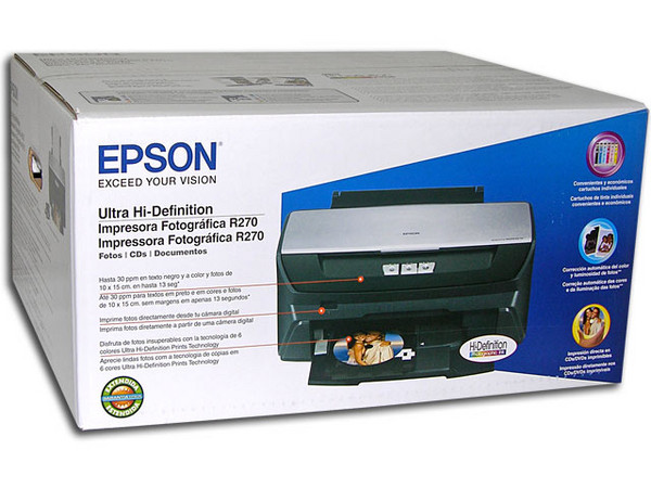 Impresora Epson Stylus Photo R270, 5760 x 1440 dpi, 6 Tintas, impresión directa sobre CDs y DVDs imprimibles.