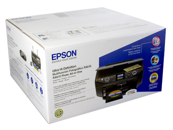 Multifuncional Epson Stylus Photo Ultra Hi-Definition RX610, Impresora, Copiadora y Escáner, Pantalla a Color e impresión directa sobre CDs y DVDs imprimibles.